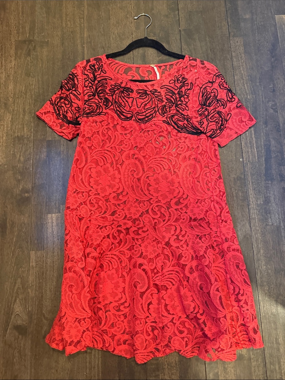 Free People Red Lace Overlay Dress with Black embroidery